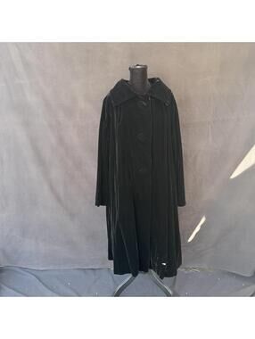 Vintage Black Velvet Swing Coat Womens Long Oversized Collar 3 Button 50s 60s